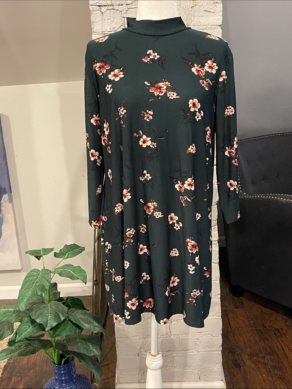 As U Wish Dark Green Floral Long Sleeve mini Dress